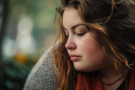 Close-up portrait of a thoughtful young woman with natural beauty and frecklesの素材