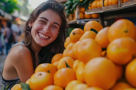 Young woman smiling joyously amidst vibrant oranges on a sunny market dayの素材