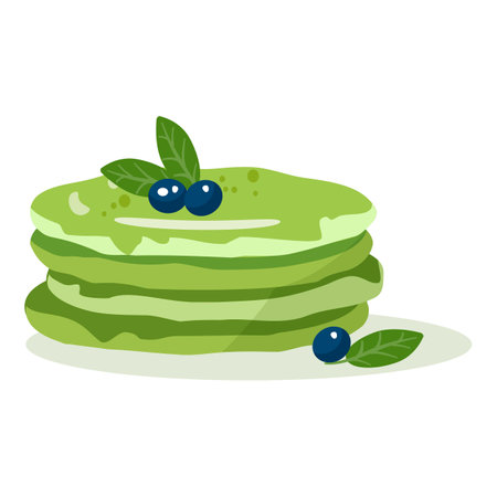 Cartoon image of stacked matchaflavored pancakes topped with fresh blueberriesのイラスト素材