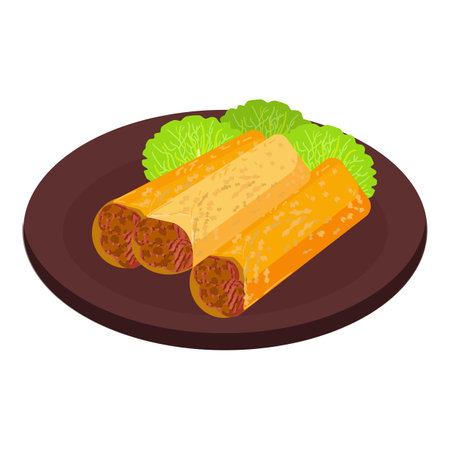 Digital illustration of delicious cannelloni stuffed with meat and accompanied by lettuce on a brown plateのイラスト素材