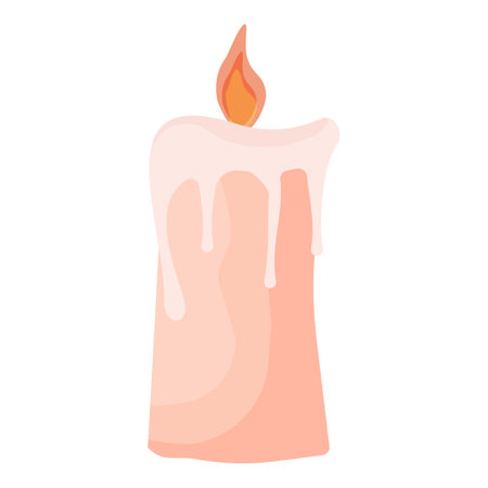 Digital vector art of a single wick candle with a lit flame and melting wax on a white background, creating a warm, cozy, and tranquil ambianceのイラスト素材