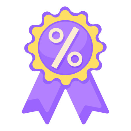 Colorful and vibrant flat design illustration of a discount badge with a percentage symbol in purple and yellow, perfect for sales, promotions, and retail marketingのイラスト素材