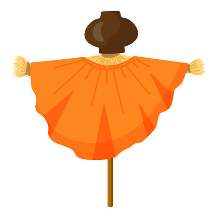 Whimsical and colorful cartoon scarecrow illustration in a rural agricultural landscape during the autumn harvest seasonのイラスト素材