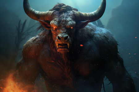 Digital artwork of a fierce minotaur with glowing eyes standing in a foggy, enchanted forestの素材