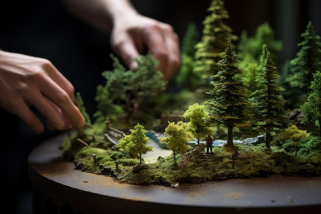 Creating a meticulously handcrafted miniature forest model diorama with detailed artificial trees and realistic landscape for hobbyist crafting and scenic displayの素材