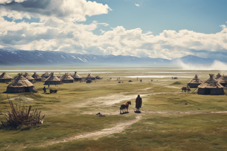 Scenic view of a yurt settlement with horses and a picturesque mountain backdropの素材