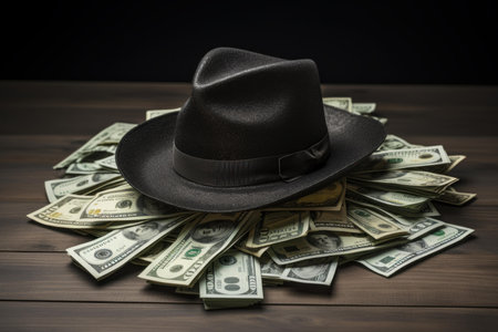 Black fedora hat atop a large heap of us currency on a wooden surfaceの素材
