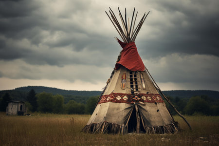 Solitary tipi stands in a serene field against a moody sky, showcasing indigenous cultureの素材