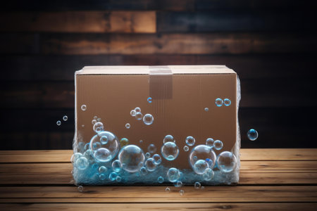 Fantasy concept of a sealed package with floating soap bubbles on a rustic wood backdropの素材