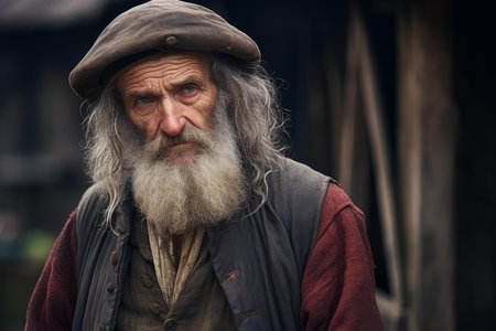 Portrait of an elderly man with an expressive face, dressed in traditional vintage attireの素材