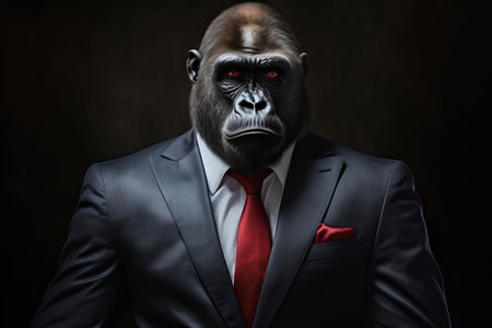 Intelligent and powerful executive gorilla in stylish suit and tie. Illustration of a charismatic and modern primate leader. On a serious dark background. Reflecting wildlife fashion and eleganceの素材