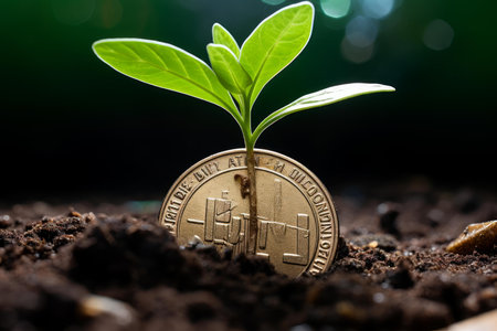 Vibrant seedling emerges from a coin buried in soil, symbolizing financial growth and investmentの素材