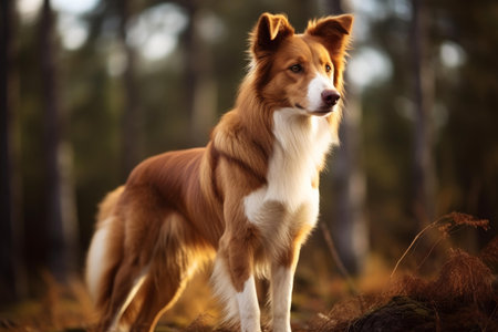 Elegant brown and white dog standing in a sunlit forest during autumnの素材