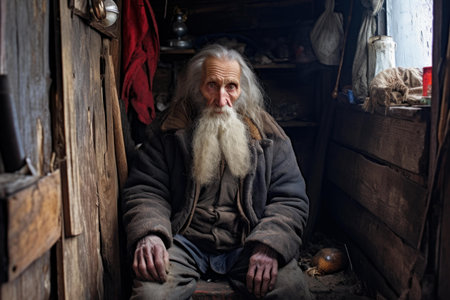 Portrait of a wise, bearded elderly man sitting inside a quaint and aged wooden cabinの素材