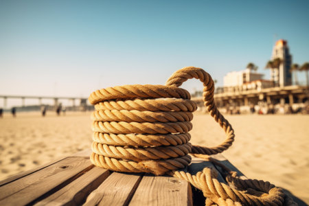 Close-up of a coiled rope on a wooden deck with a blurred beach pier backgroundの素材
