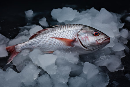 Chilled whole fish, with silvery scales and red fins, on a bed of crushed ice, ideal for seafood displayの素材