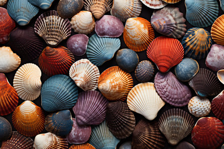 Vibrant and diverse assortment of colorful seashells showcasing intricate textures and patterns found in nature, perfect for marine-themed decor, eco-friendly crafts, and sustainable designの素材
