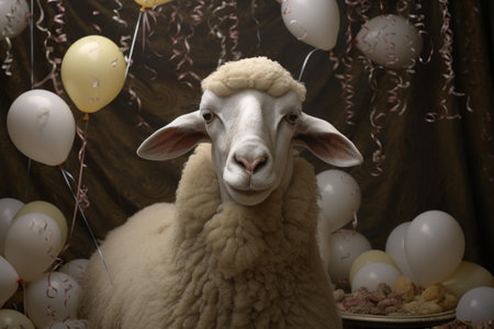 Charming sheep amidst a celebration setting with balloons and decorationsの素材