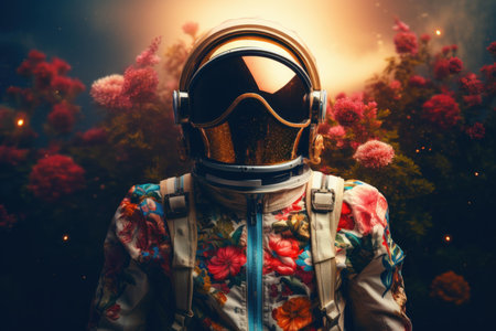 Surreal portrait of an astronaut wearing a floral outfit and retro helmet against an ethereal backdropの素材