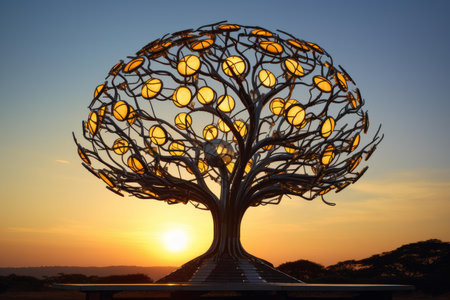 Artistic metal tree with lights against a vivid sunset skyの素材