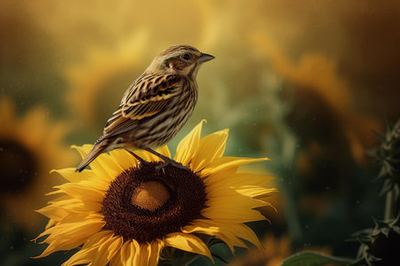 Tranquil and peaceful scene of a single little sparrow perched on a sunflower in the golden hour, surrounded by vibrant flora and fauna in the warm, sunlit outdoorsの素材