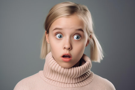 Portrait of a young girl with an expression of surprise and amazementの素材