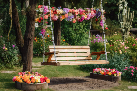 Ornate Swing decorated flowers nobody. Bright prop. Generate Aiの素材