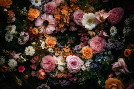 Rich tapestry of assorted colorful flowers creating a picturesque garden viewの素材