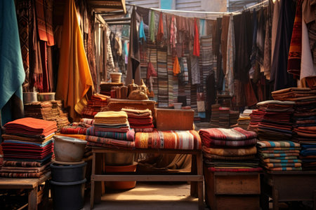 Diverse Textile roll colorful market stack assortment. Color many store sale curtain. Generate Aiの素材