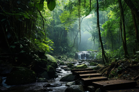 Serene wooden pathway leading through a dense, misty rainforest toward a small cascadeの素材