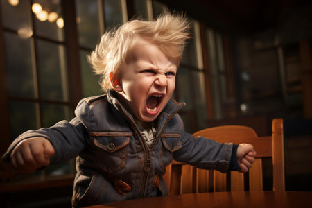 Young child in a denim jacket screams with forceful emotion indoors, showcasing powerful expressionの素材