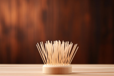 Close-up view of bamboo toothpicks in a holder, set against a warm, blurred backdropの素材