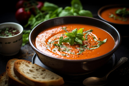 Bowl of vibrant tomato soup garnished with basil, accompanied by slices of breadの素材