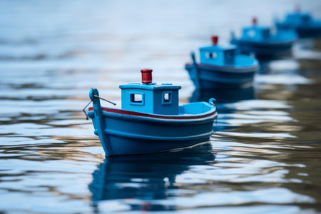 Close-up image showcasing a line of blue miniature toy boats floating elegantly on a calm body of waterの素材