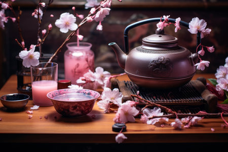 Serene Sakura tea ceremony. Spring herbal. Generate Aiの素材