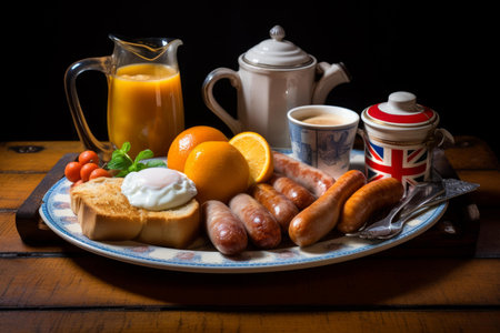 Savory Traditional English breakfast plate. Fried eggs and sausages combinate with beans and tomatoes. Generate aiの素材