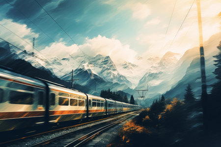 Scenic view of a train traveling through alpine landscape with majestic mountains at sunsetの素材