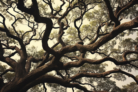 Ethereal and mysterious majestic tree canopy silhouettes in a natural forest with intertwined and complex branches creating a hazy and eerie backdrop against the skyの素材