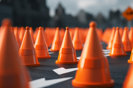 Chaotic Traffic cone street. Caution marker. Generate Aiの素材