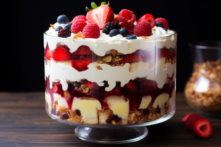 Creamy Trifle dessert chocolate closeup. Food pudding. Generate Aiの素材