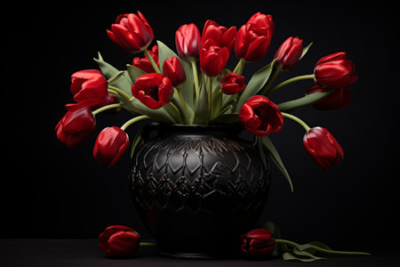 Vibrant Tulip flower vase decor. Leaves decor. Generate Aiの素材