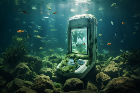 Discarded mobile phone lies on the seabed surrounded by fish, depicting environmental pollutionの素材