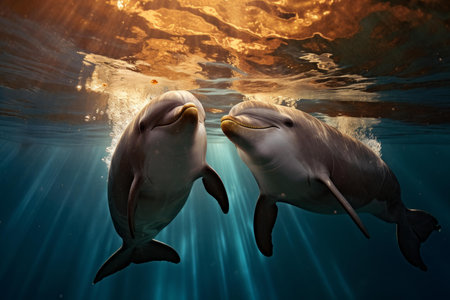 Captivating view of two dolphins beneath the oceans surface, illuminated by sunlightの素材