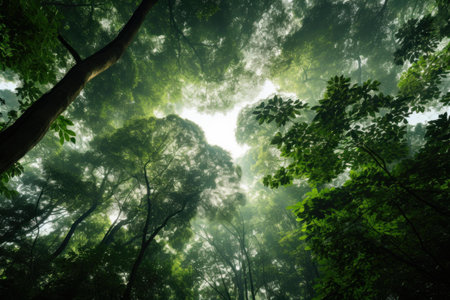 Enchanting view of sunlight piercing through a dense, foggy forest canopyの素材