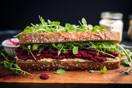 Healthy wholegrain sandwich filled with beetroot hummus and fresh microgreens on a wooden boardの素材
