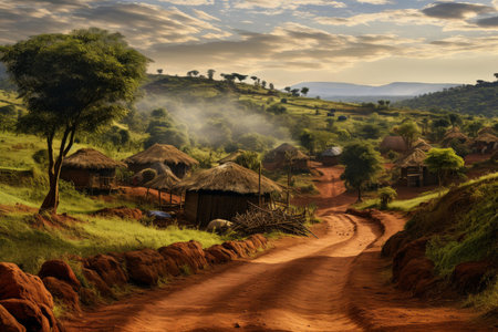 Warm sunrise light bathes an african village, showcasing traditional huts and a dusty roadの素材