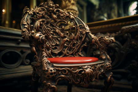 Majestic gothic chair with intricate carvings and a vibrant red seat, exuding luxury and historical designの素材