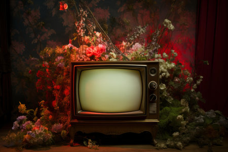 Classic tv set surrounded by a vibrant mix of colorful flowers on a dark backdropの素材