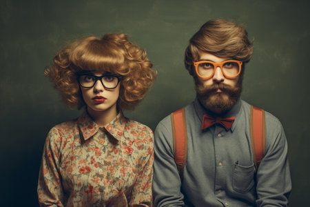 Fashionable couple styled in vintage clothing and accessories posing with serious expressionsの素材