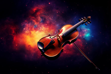 Ethereal cosmic violin melody performed in the outer reaches of the universe among the vibrant stars and glowing nebulae, creating a timeless symphony in the celestial cosmosの素材